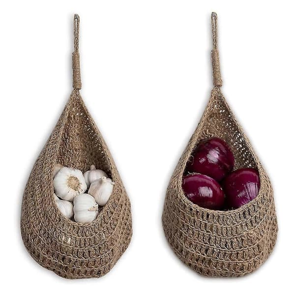 Hanging Onion Storage in String for Pantry, Potato and Garlic Baskets, Boho Wall Baskets 2 pcs