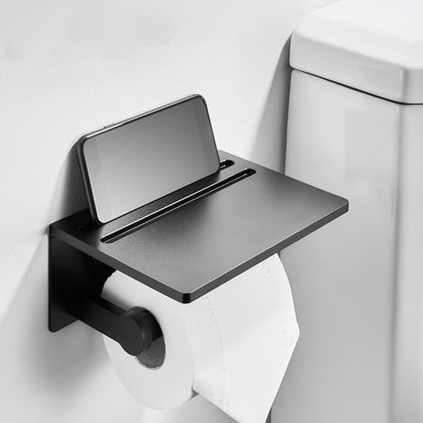 Toiletpapirholder med hylde - Sort rustfri aluminiumsrulleholder med hylde til moderne badeværelse