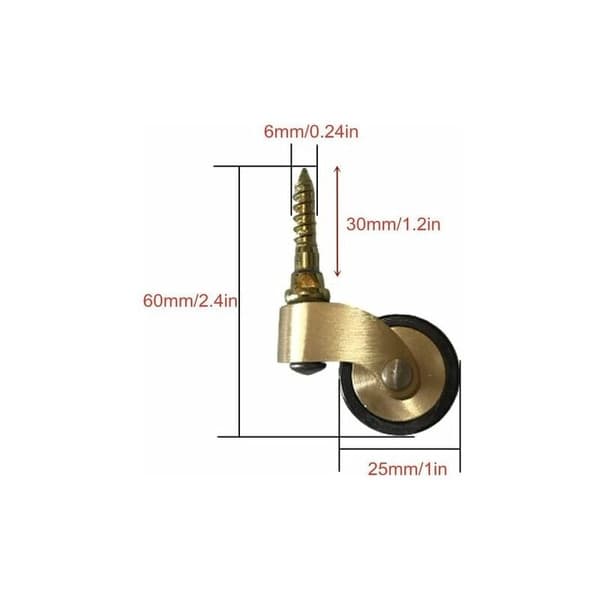 Solid Brass Furniture Casters, 25mm Wheels, 150kg Load Capacity, with Threaded Spindle, Suitable for Piano Legs, Sofas, Tables, 4-Pack