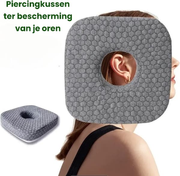 Ortopedisk ørehullpute med senterhull, hypoallergent pustende stoff, for sidesovere og bruk av ørepropper, grå