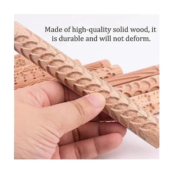 Newway 6 Wood Clay Modeling Pattern Rollers Kit, Clay Rolling Pin Textured Hand Roller Wood Handle Pottery Tools SetBY
