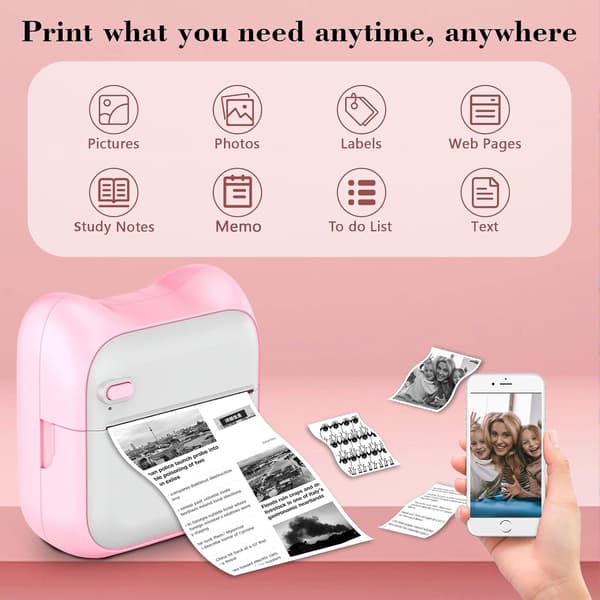 Bærbar blekkfri termisk klistremerkeprinter kompatibel med iOS og Android med 10 ruller papir og 5 rosa penner