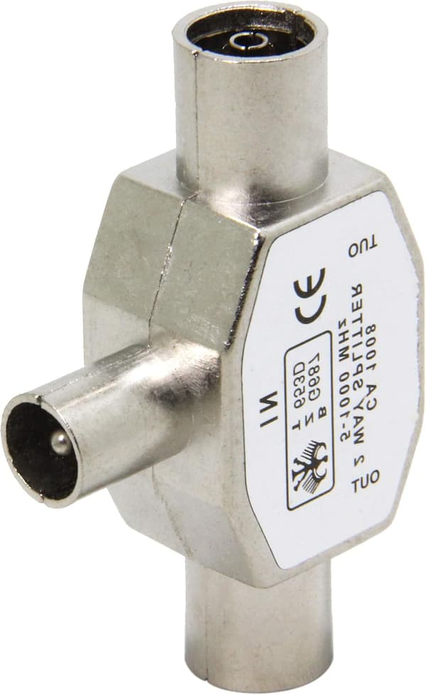 TV-antenne koaksial splitter, metallhus, 2-veis 1 hann til 2 hunn adapterkontakt