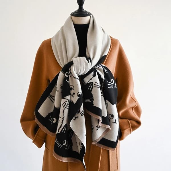 Black and White Cat Patterned Oversized Scarf, Imitation Cashmere Large Shawl for Women, with Tassels for Warmth.