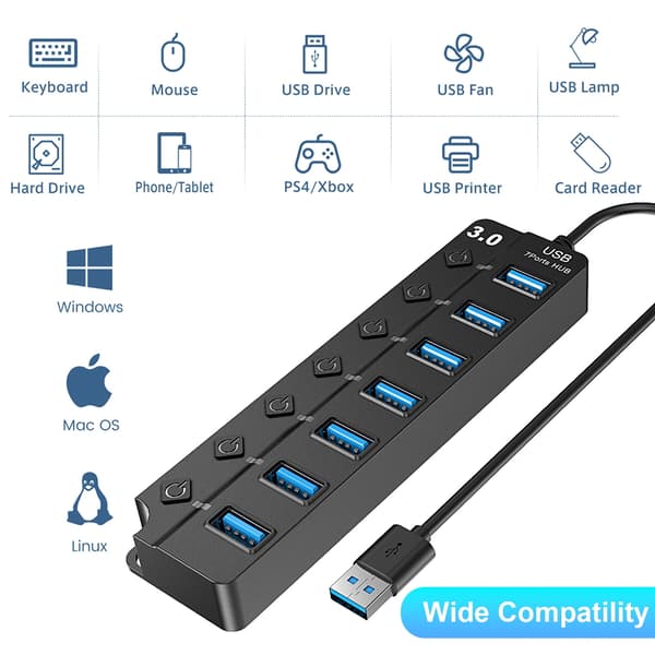 7-porters USB 3.0-hub-splitter for bærbar PC og stasjonær PC USB-adapter med individuelle brytere