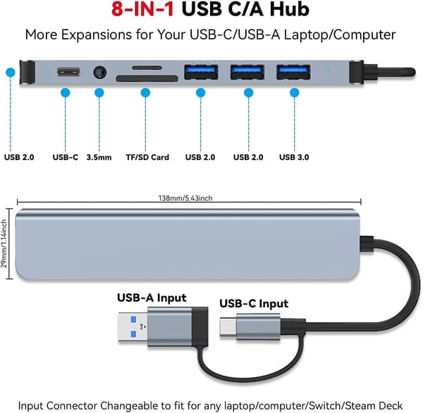 8 i 1 USB C Hub Splitter TF/SD Kortlæser 4 USB-porte 3.5mm Lydudgangsadapter til MacBook Pro iPad Pro