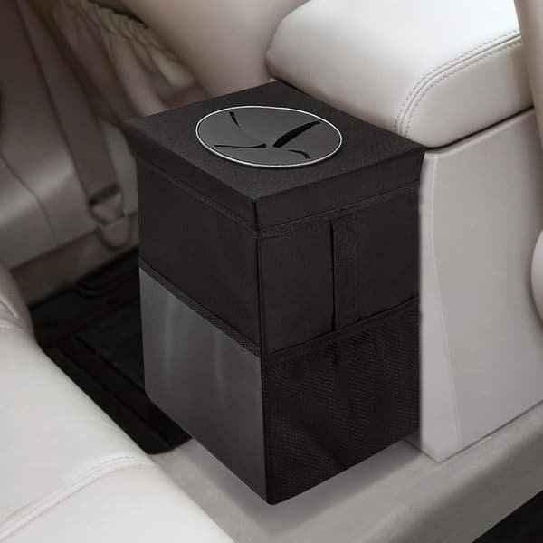 Car Trash Can with Lid - Hanging Car Trash Can with Storage Pocket