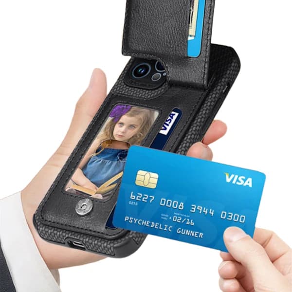 Læder Kortholder Magnetisk Pung Mobilcover iPhone 14 / 14 Pro / 14 Pro Max, iPhone 13 / 13 Pro / 13 Pro Max, iPhone 12 / 12 Pro / 12 Pro Max sort