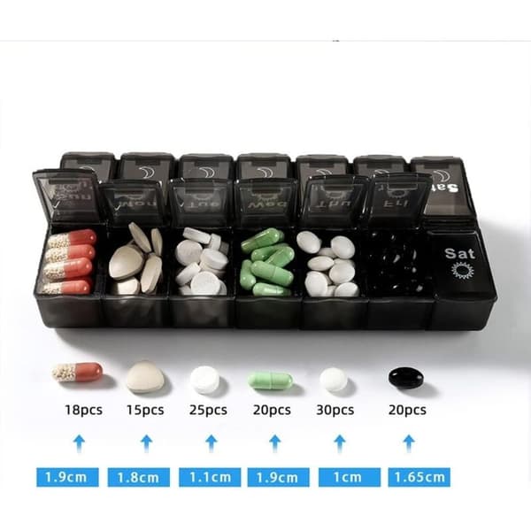 7-day pill organizer with 14 compartments Easy-open weekly medicine box in black