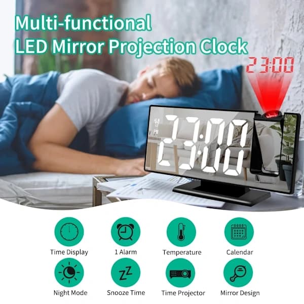 180° Arm Projektionsväckarklocka Tid Temperatur USB Plug-in Digital Väckarklocka Snooze Bordsklocka 12/24H Projektor LED-klocka