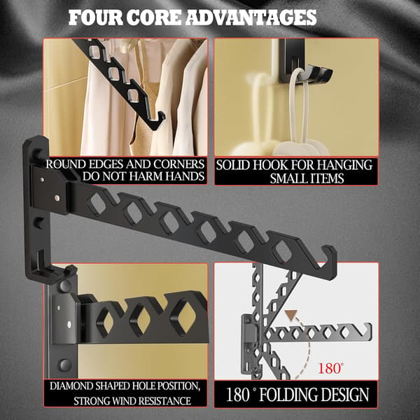 Wall Mounted Clothes Hanger Black Clothes Drying Rack Organizer Clothes Hooks Aluminum Retractable - Black 2-pack