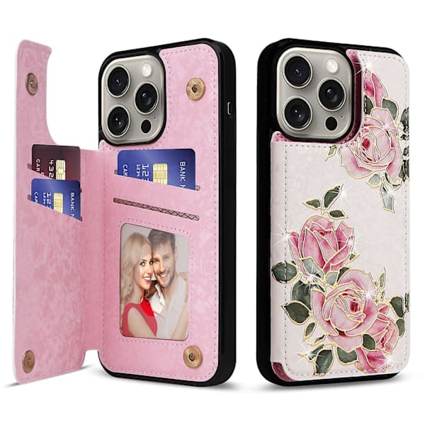 Stødsikkert cover med stativ til iPhone 15 Pro Max - Roseblomst