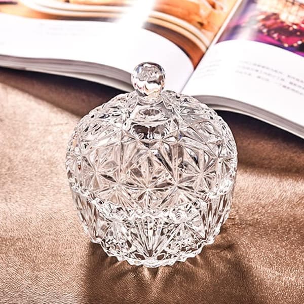 Slikskål i glas med låg, transparent slikskål, krystallåg, kronedesign