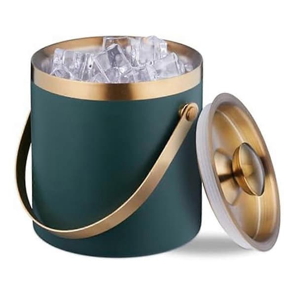 Ice Bucket, Stainless Steel, Double-Walled, Ice Bucket With Lid Handle, 2 L, Ice Cube Container Green Gold