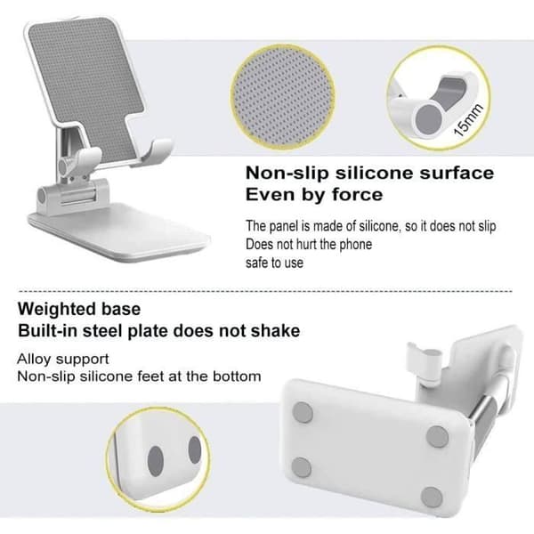 Foldbar smartphone- og tabletholder. Justerbart stativ med flere vinkler og udtrækkelig arm til iPhone 11, iPad, Huawei (Hvid)