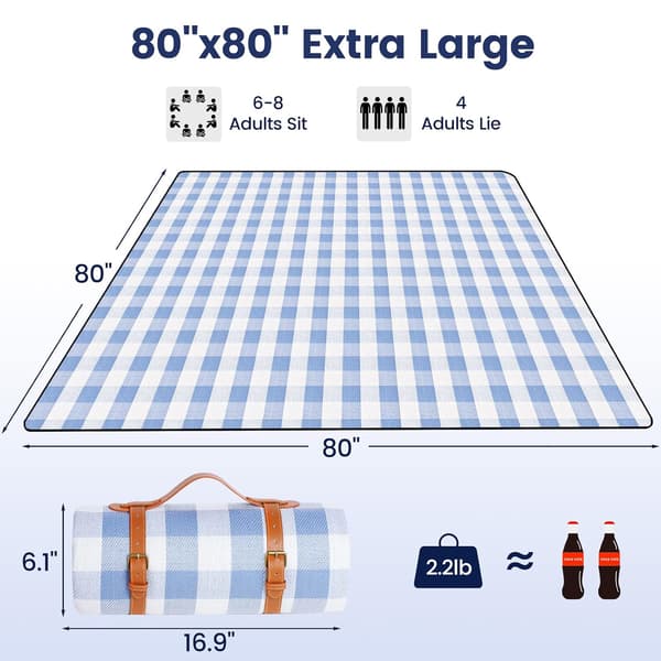 Ekstra stort piknikteppe 80x80 tommer vanntett sammenleggbart 3-lags strandteppe for 6-8 voksne White Blue Grids White Blue Grids