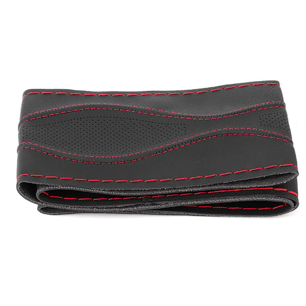 38 cm / 15 inch Leather Steering Wheel Cover, Hand-stitched, Embossed with Needle and Thread, Universal, Black, Red