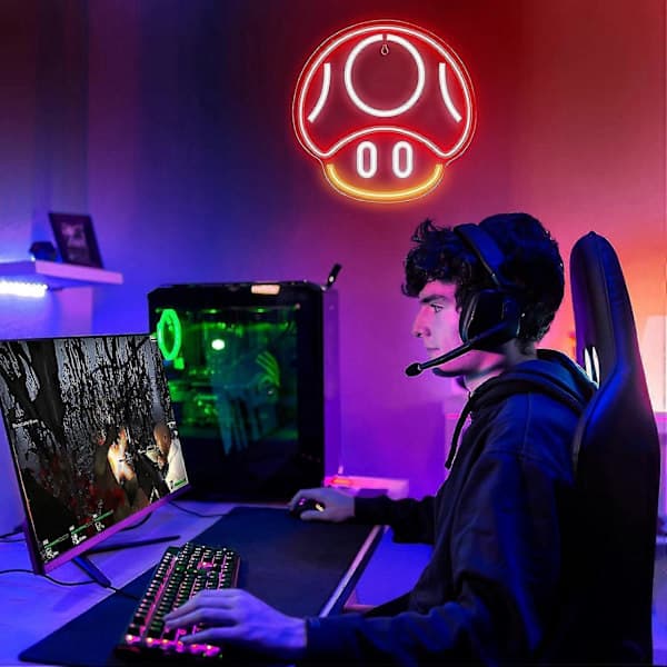 Neonljusskylt Spel, Svamp Neonljusskylt för Spelrumsdekoration, Mancave, Barnrum - Spelsvamp Väggdekor