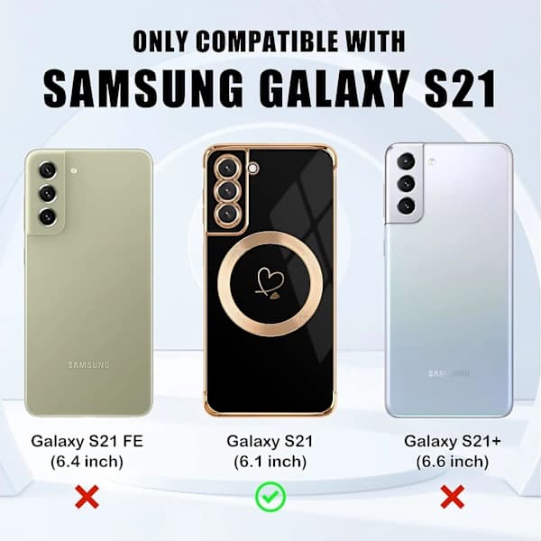 Svart deksel til Samsung Galaxy S21, deksel for kvinner og jenter [MagSafe-kompatibelt], søtt hjertemønster, magnetisk