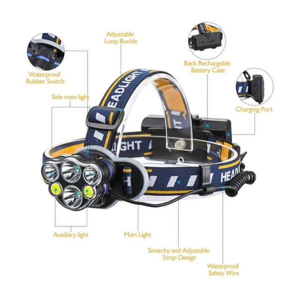 Supersterk hodelykt, oppladbar LED-lommelykt LED-hodelykt med 6 LED-er 12000LM 8 lysmoduser med USB-kabel