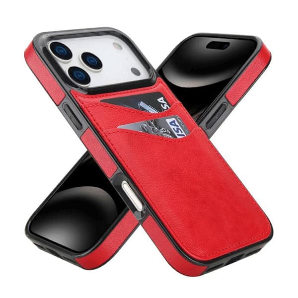 iPhone 17 Pro Max - Litsi-nahkainen kotelo korttipaikalla, punainen Röd