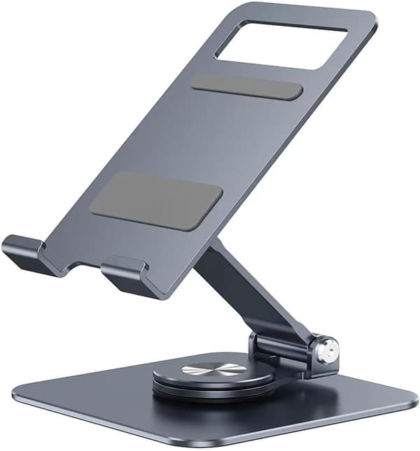 Tabletstativ, justerbart og foldbart aluminiumsstativ med 360 graders roterende base, vugge
