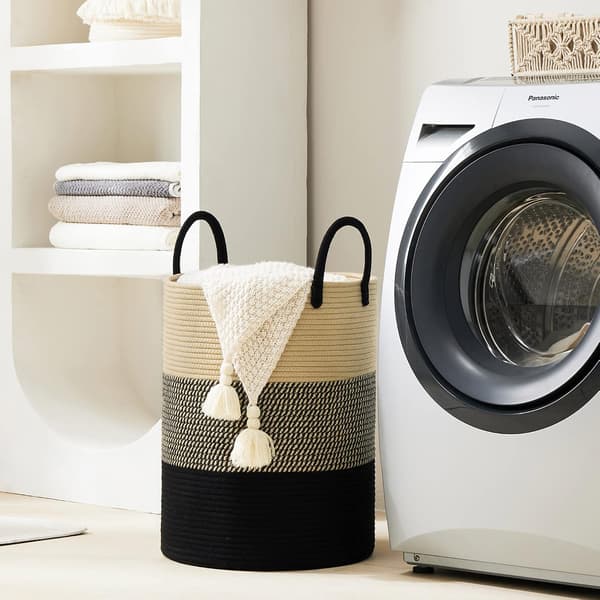 Tvättkorg Förvaringskorg för Smutsiga Kläder Bomullsrep 38cm(D) x50cm(H) Z-Brun Svart