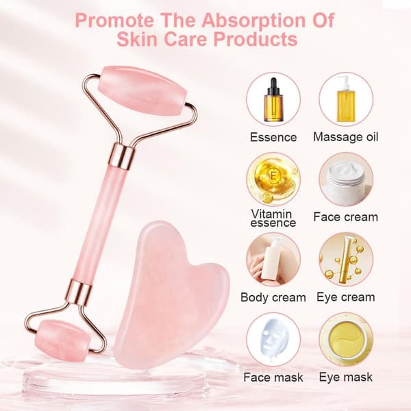 Rose Quartz Jade Roller & Gua Sha Stone - Facial Roller & Gua Sha Set - Natural Jade Roller