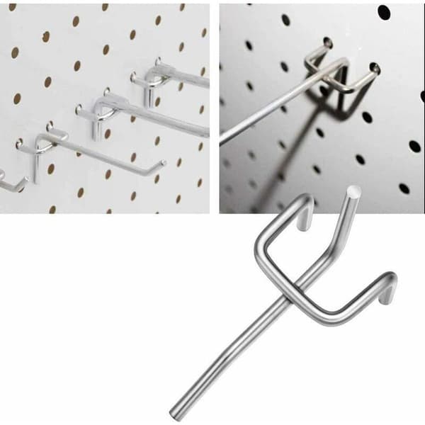 50-pack perforated hooks, galvanized carbon steel, 10 cm long, 3.2 cm wide. For storing tools and supplies.