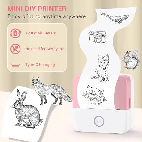 Portable Thermal Printer with 5 Rolls of Paper for Printing Diaries, Photos, Notes, Memos Blue