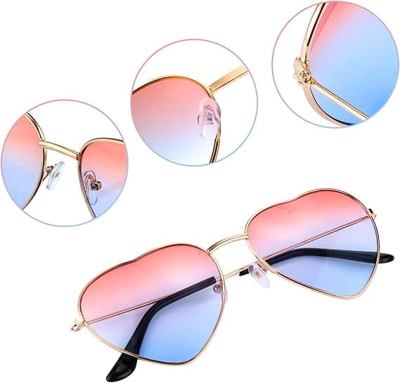 2 par briller Hjerteformede solbriller til Hippie Fancy Dress Accessory, Rose Gold Frame (Gradient Pink til Blue Lens)