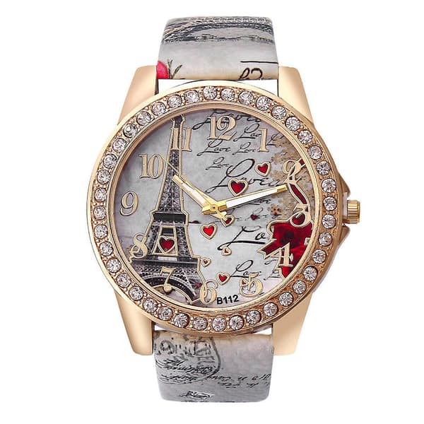 Mode Kvinnor Kristall Gyllene Läder Analog Kvarts Armbandsur