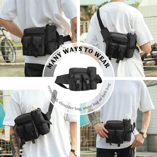 Taljetaske, Fanny Pack Mode Taljetasker med Flaskeholder Justerbart Bælte Rejse Taljetaske (Sort)