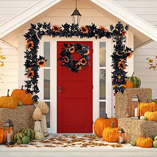 Halloween Autumn Maple Leaf Wreath Artificial Sunflower Pumpkin Wreath Halloween Background Decoration As shown As shown