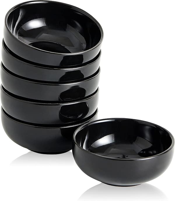 Sett med 6 keramiske skåler, 7,4 cm, for matlaging og servering av 70 ml minisauser, Svart