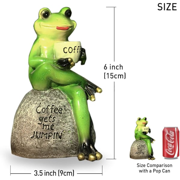 Frøstatue til haven, drikkende kaffe grøn frøfigur til