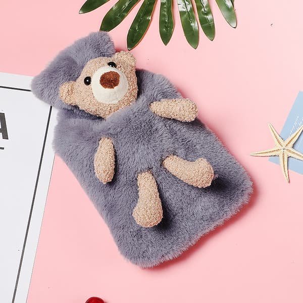Hot Water Bottle with Soft Bear Cover for Sleeping Bag (1L, Grey) grey