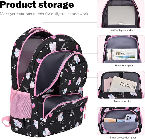 Elementary School Backpack 2-piece Lightweight Breathable Cute Cartoon Pencil Case Girls School Backpack Black