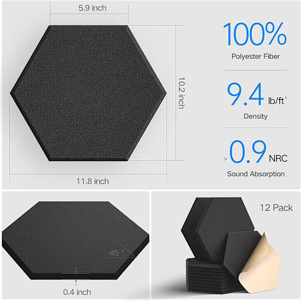 Black Self-Adhesive Hexagonal Acoustic Panels, 12-Pack High-Density Aco