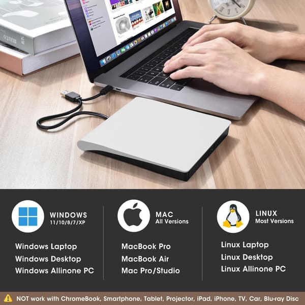 Ekstern CD DVD +/-RW-stasjon USB 3.0 og USB-C bærbar CD/DVD ROM-spiller brenner leser skriver (hvit)