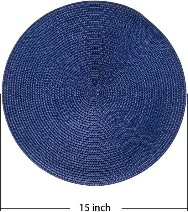 Sett med seks runde vevde bordbrikker, egnet for spisebord, vaskbare, sklisikre, 38 cm i diameter, dyp kongeblå