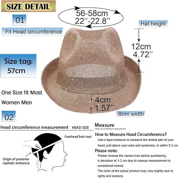 Sequined Sun Hat Fedora with Hole for Women and Men, Foldable and Packable Trilby Panama Summer Beach Hats