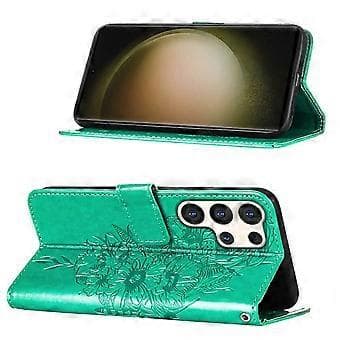 YB Imprinting Series-4 Compatible Case for Samsung Galaxy S24 Ultra Leather Flip Wallet Case with Strap (Green)