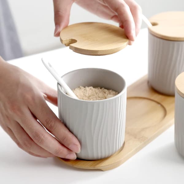 Set of 2 Ceramic Spice Jars with Lids and Spoons, for Kitchen and Table, Grey