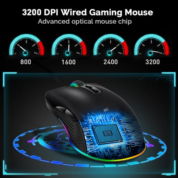Kablet USB optisk mus, RGB fargerik lysende spillmus