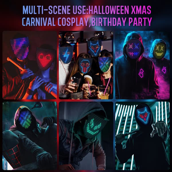 LED-maske Halloween-kostyme for barn og voksne, lysgeststyrt maske[JUN]
