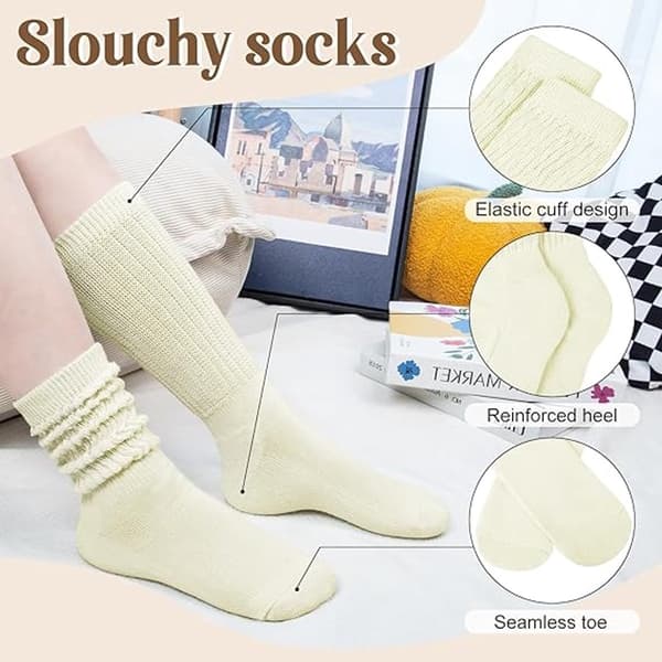 Women's Slouchy Socks, Knitted Long Scrunch Boot Socks, One Size, Beige, Black, Grey, Light Khaki, Coffee