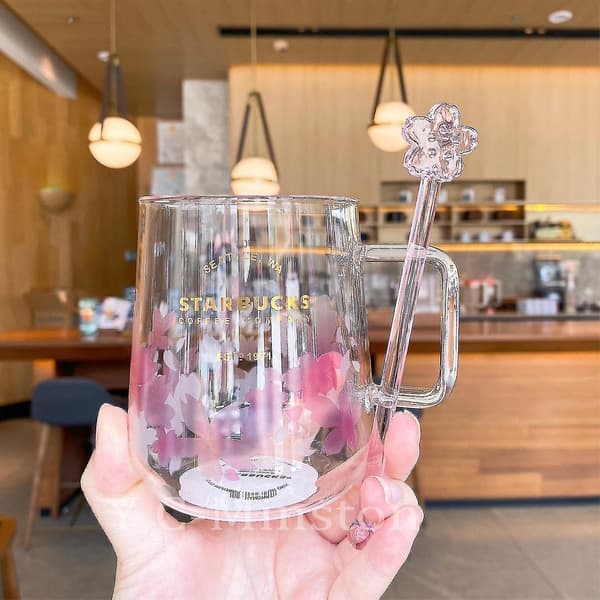 Starbucks vaaleanpunainen Sakuraa vaihtava lasinen kahvimuki kukkakepillä