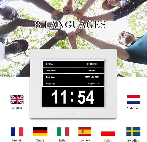 Digital kalender, datovisning, 8 alarmmoduser Ekstra stor digital ukedag demensklokke, perfekt for eldre, hvit-FA10-