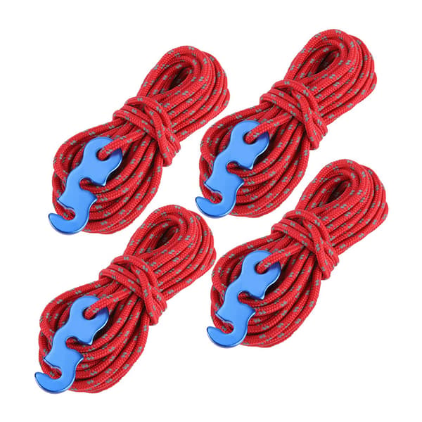 4pcs Set Reflective Tent Wind Rope Camping Line with S Ring Buckle Hook (Red)